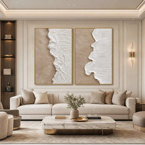 Textured wabi-sabi beach diptych in beige and white, framed modern wall art