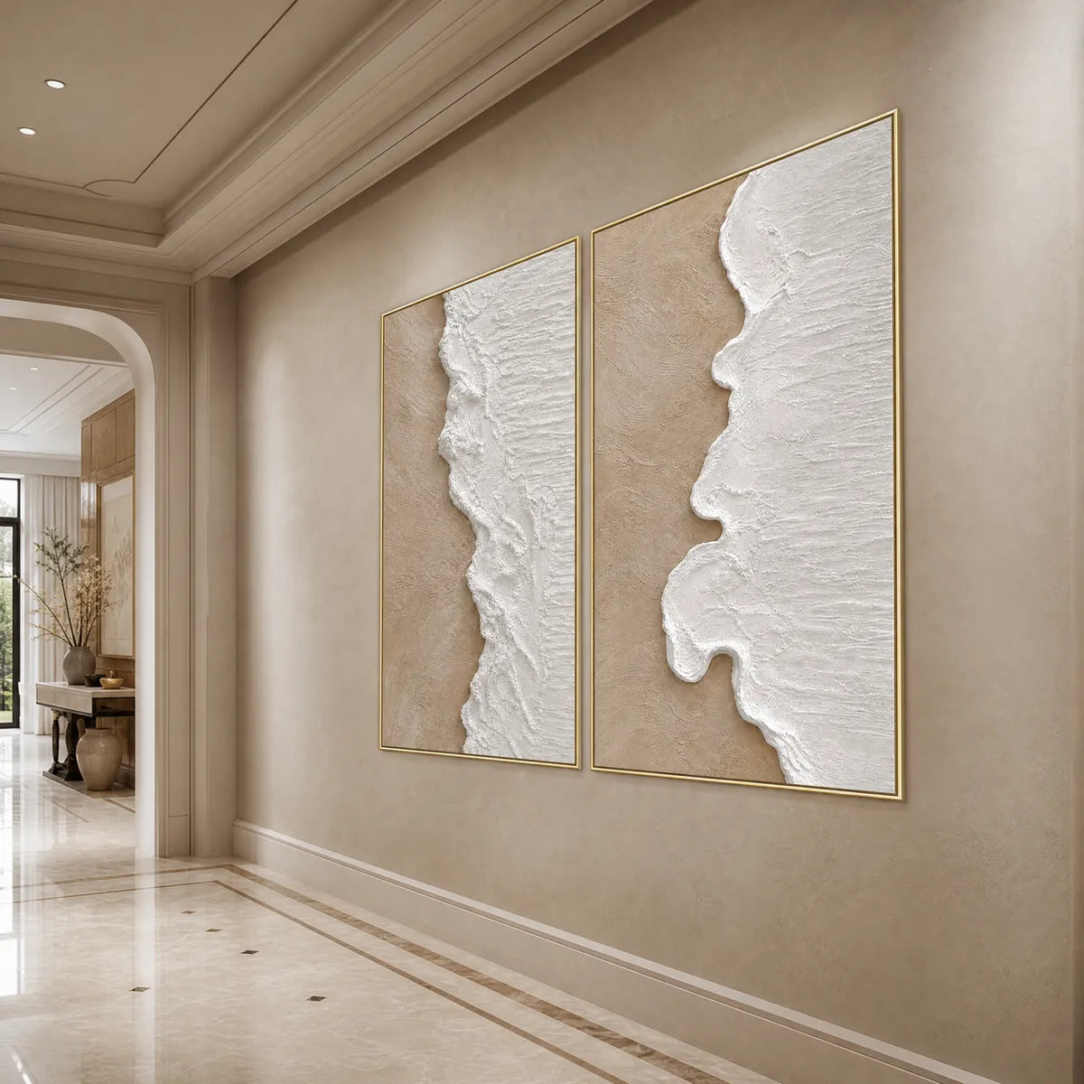 Textured Wabi-Sabi beach diptych with white acrylic waves and beige background, gold frames