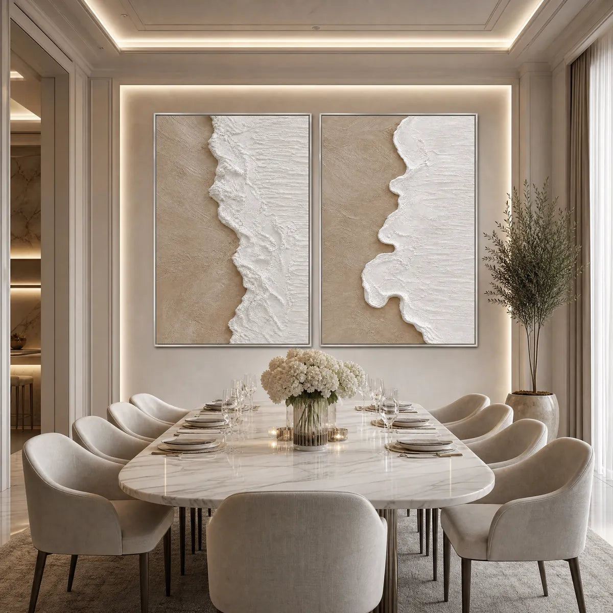 Textured Wabi-Sabi abstract beach diptych wall art above a modern dining table