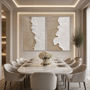 Textured Wabi-Sabi abstract beach diptych wall art above a modern dining table