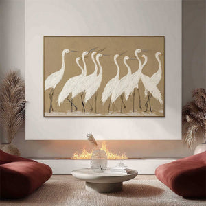 COASTAL CONGREGATION: Textured Wabi Sabi Egret Painting on Neutral Canvas