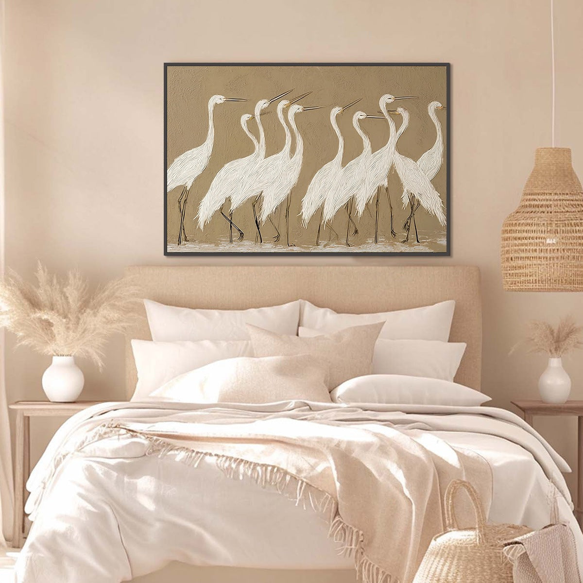 COASTAL CONGREGATION: Textured Wabi Sabi Egret Painting on Neutral Canvas