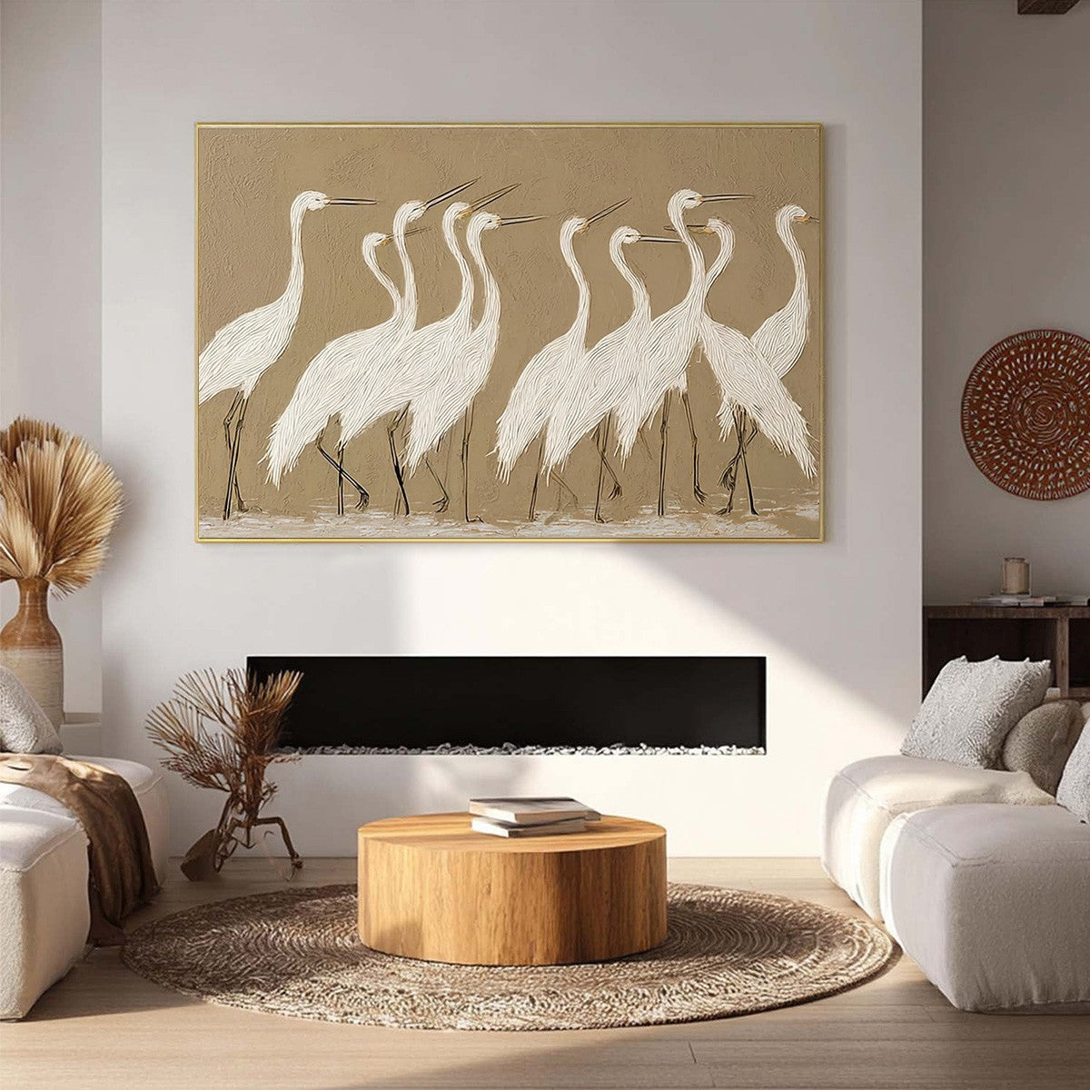 COASTAL CONGREGATION: Textured Wabi Sabi Egret Painting on Neutral Canvas