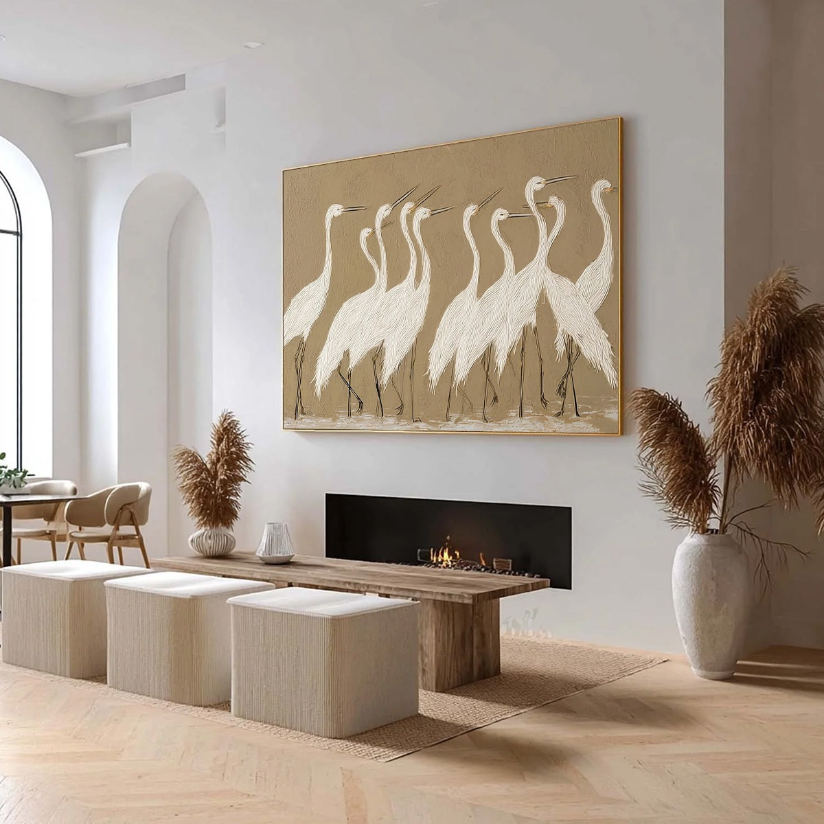 COASTAL CONGREGATION: Textured Wabi Sabi Egret Painting on Neutral Canvas