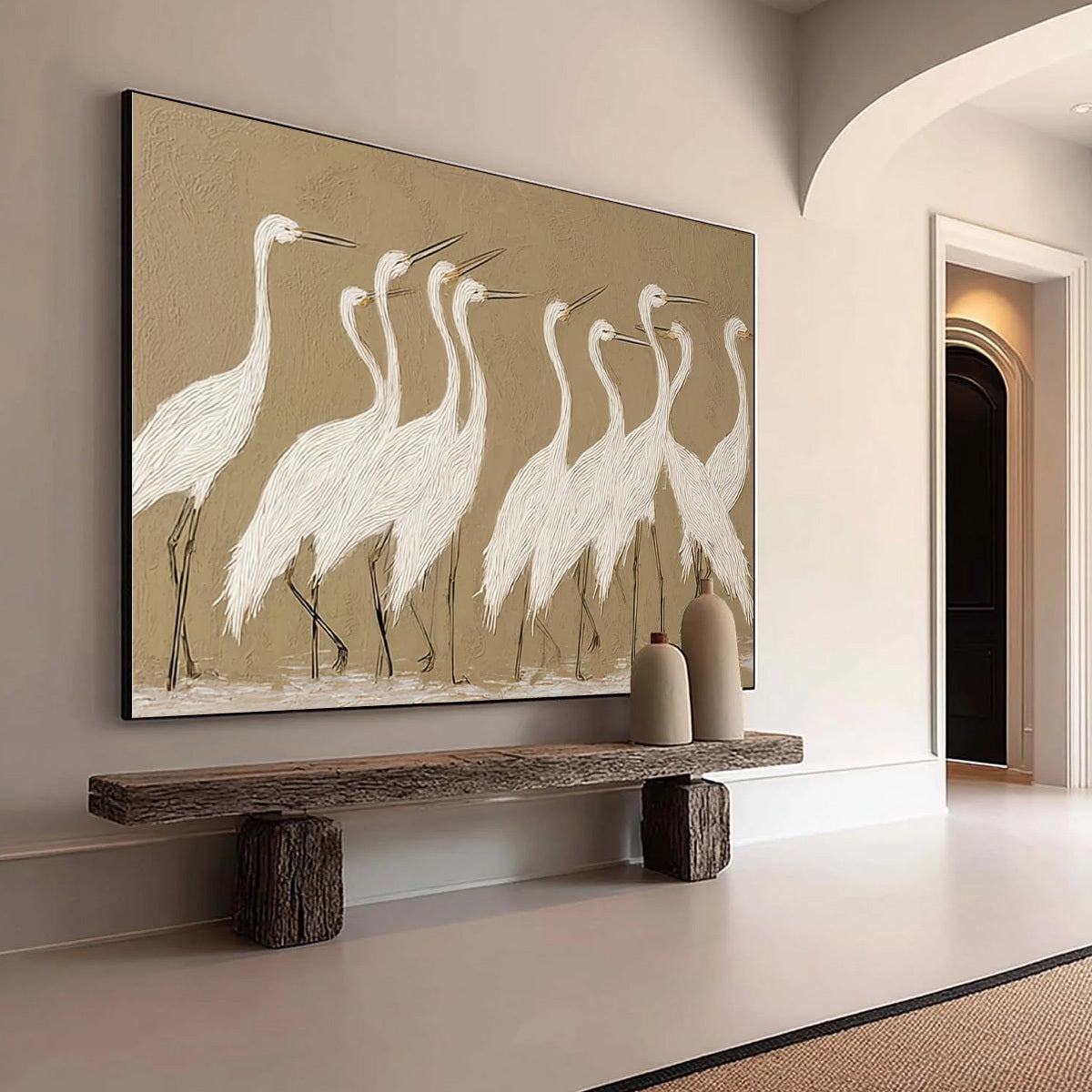 COASTAL CONGREGATION: Textured Wabi Sabi Egret Painting on Neutral Canvas