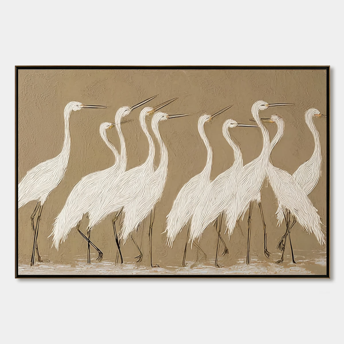 COASTAL CONGREGATION: Textured Wabi Sabi Egret Painting on Neutral Canvas