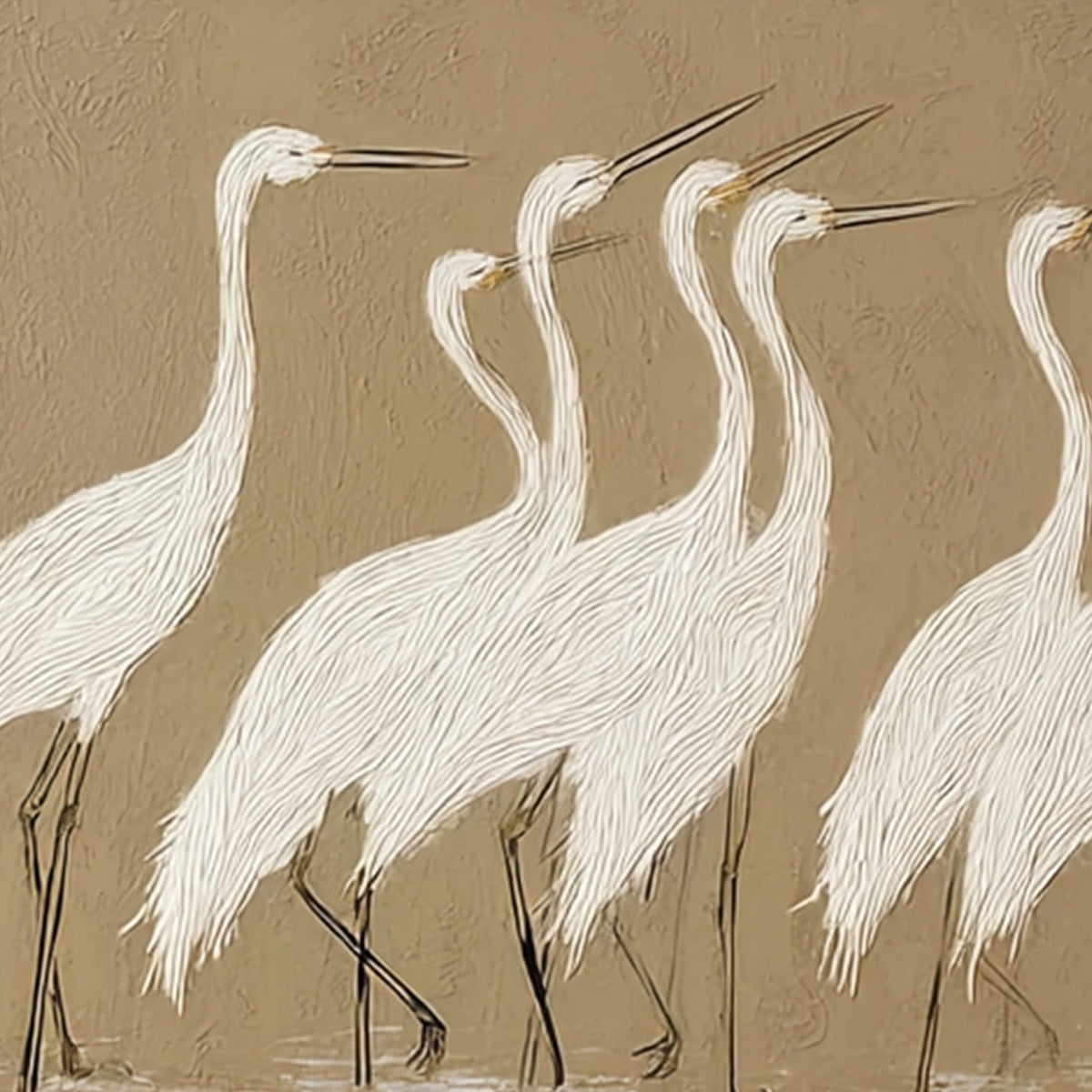 COASTAL CONGREGATION: Textured Wabi Sabi Egret Painting on Neutral Canvas