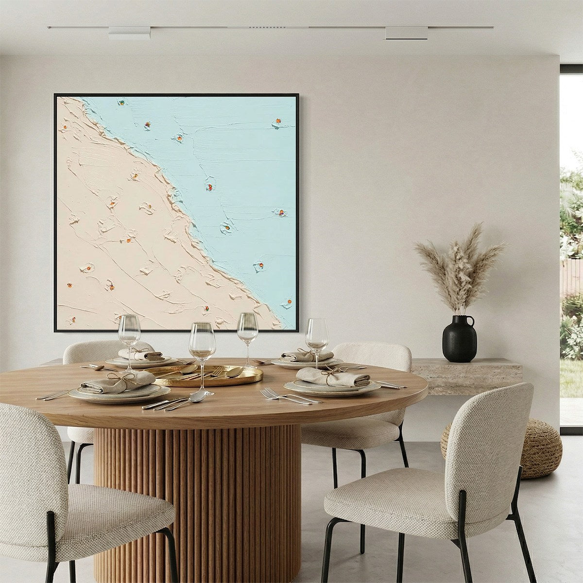 Textured impasto abstract beach painting, original modern wall art with soft sand and sea.