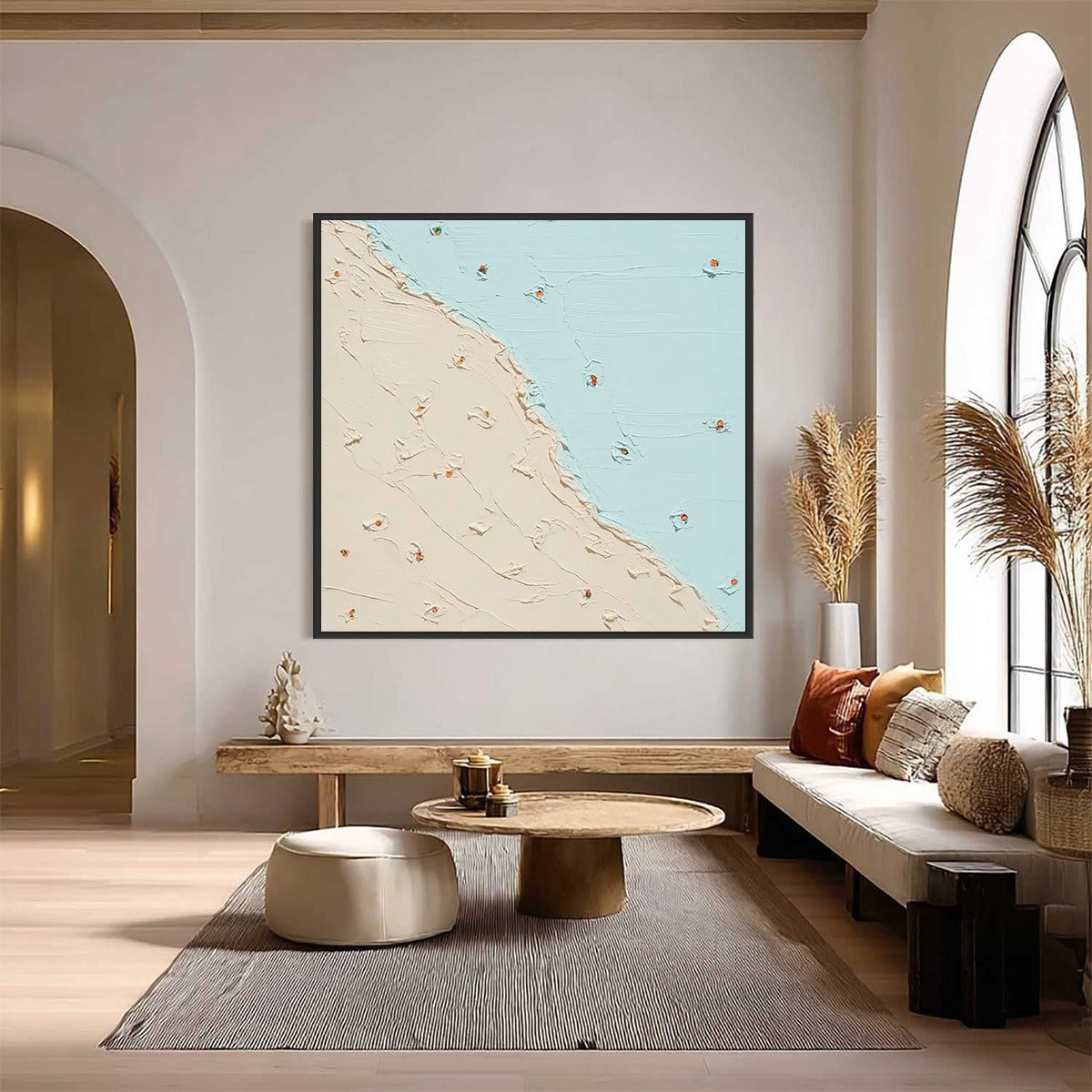 Textured minimalist abstract beach painting 'Coastal Daydream' with impasto sand and sea.
