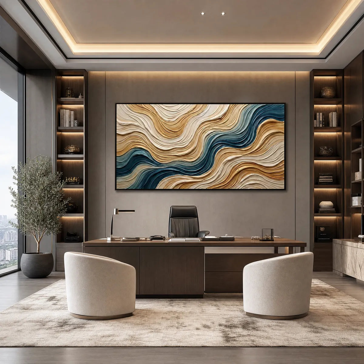 Large textured abstract wall art in beige, gold and teal above a modern office desk