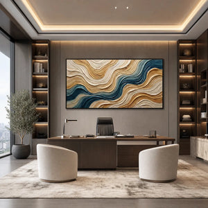 Large textured abstract wall art in beige, gold and teal above a modern office desk