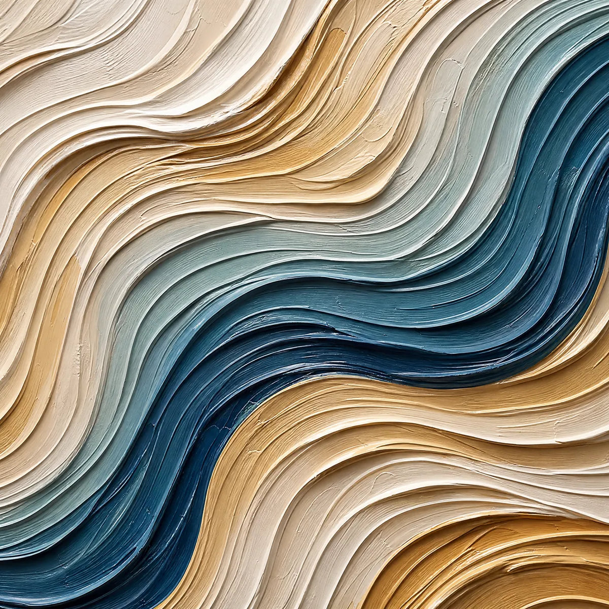 Textured abstract coastal waves painting in teal, cream, and gold