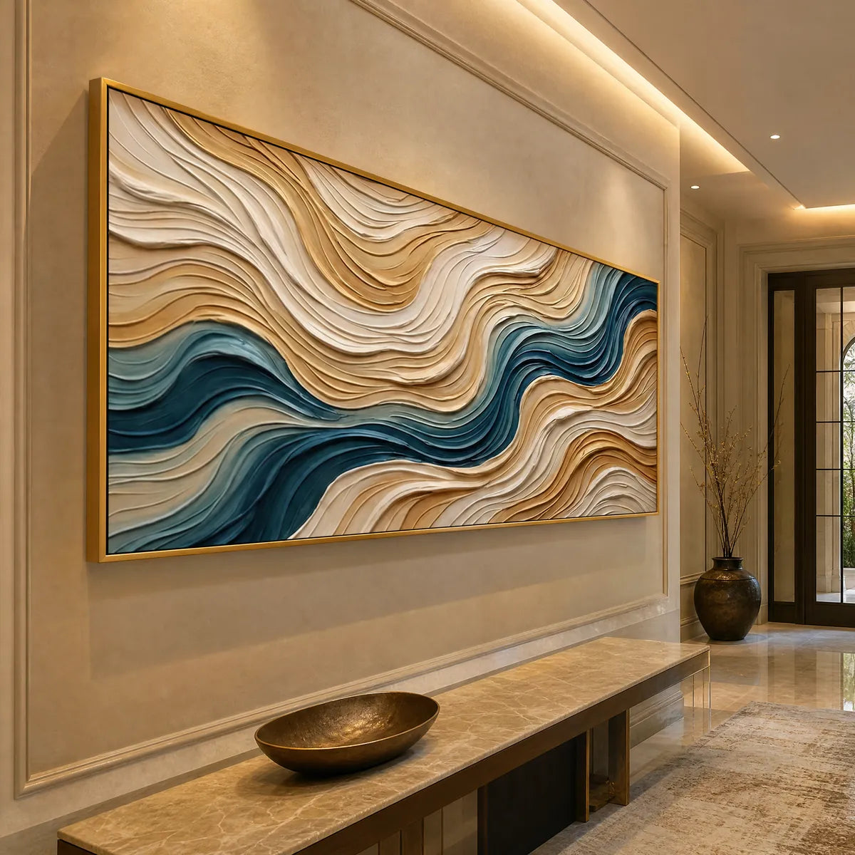 Textured abstract wall art with flowing teal, cream, and gold wave layers in a gold frame