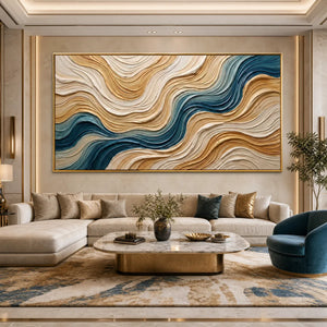 Large textured abstract wall art in teal, cream and gold above a modern sofa
