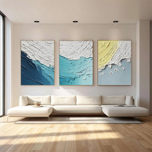 "Coastal Drift" original handmade abstract ocean wave painting triptych, impasto art.