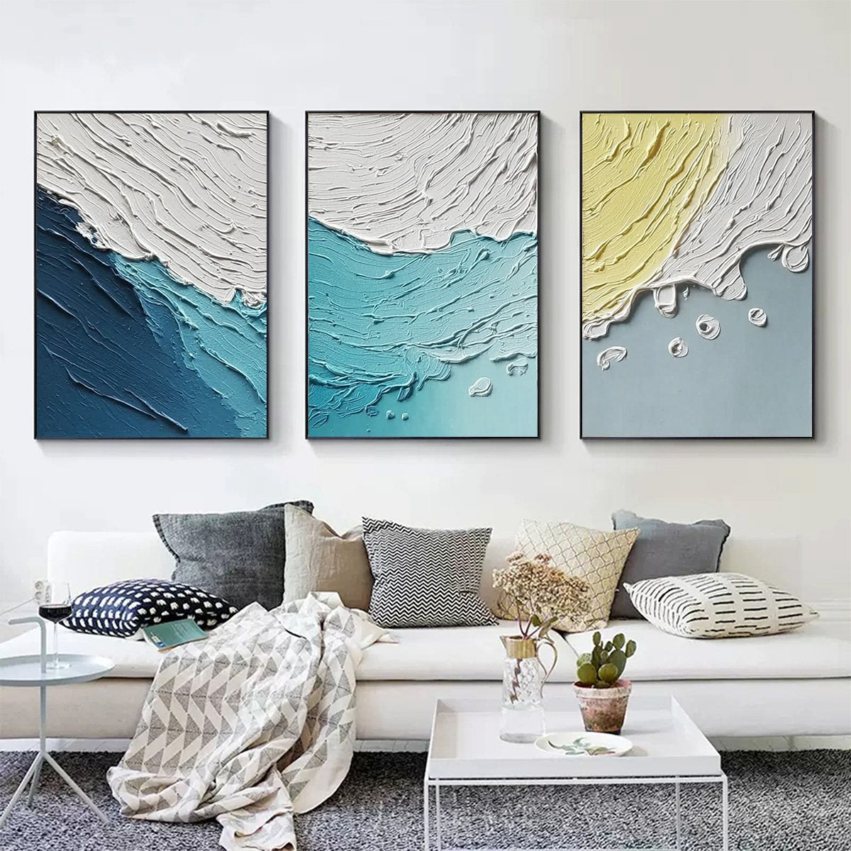 Original handmade textured abstract ocean wave painting triptych