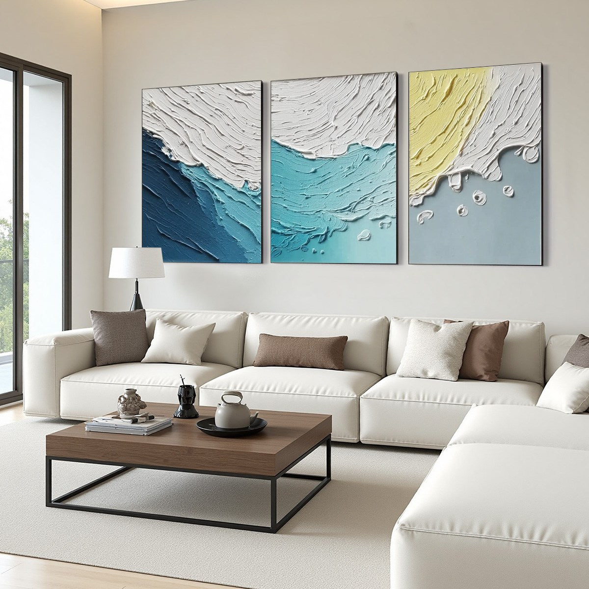 Textured abstract ocean wave triptych original paintings, modern wall art