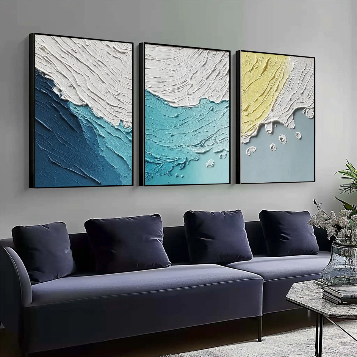 Coastal Drift triptych: textured abstract ocean wave paintings, handmade original art