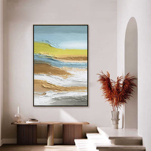 Vertical textured abstract coastal landscape original painting with blues, yellow, and earth tones.