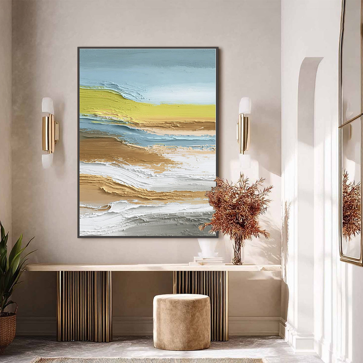 Original textured abstract wall art: Coastal Drift painting with blue, gold, white impasto layers.