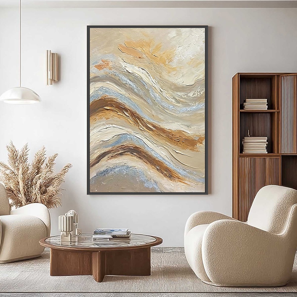 Original textured abstract oil painting 'Coastal Drift', Wabi Sabi style, earthy tones.