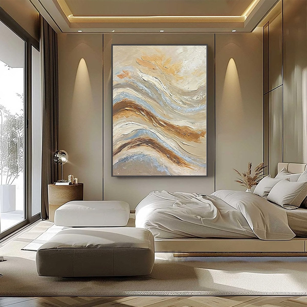 Original "COASTAL DRIFT" textured abstract oil painting, Wabi Sabi style, earth tones, cream, blue.