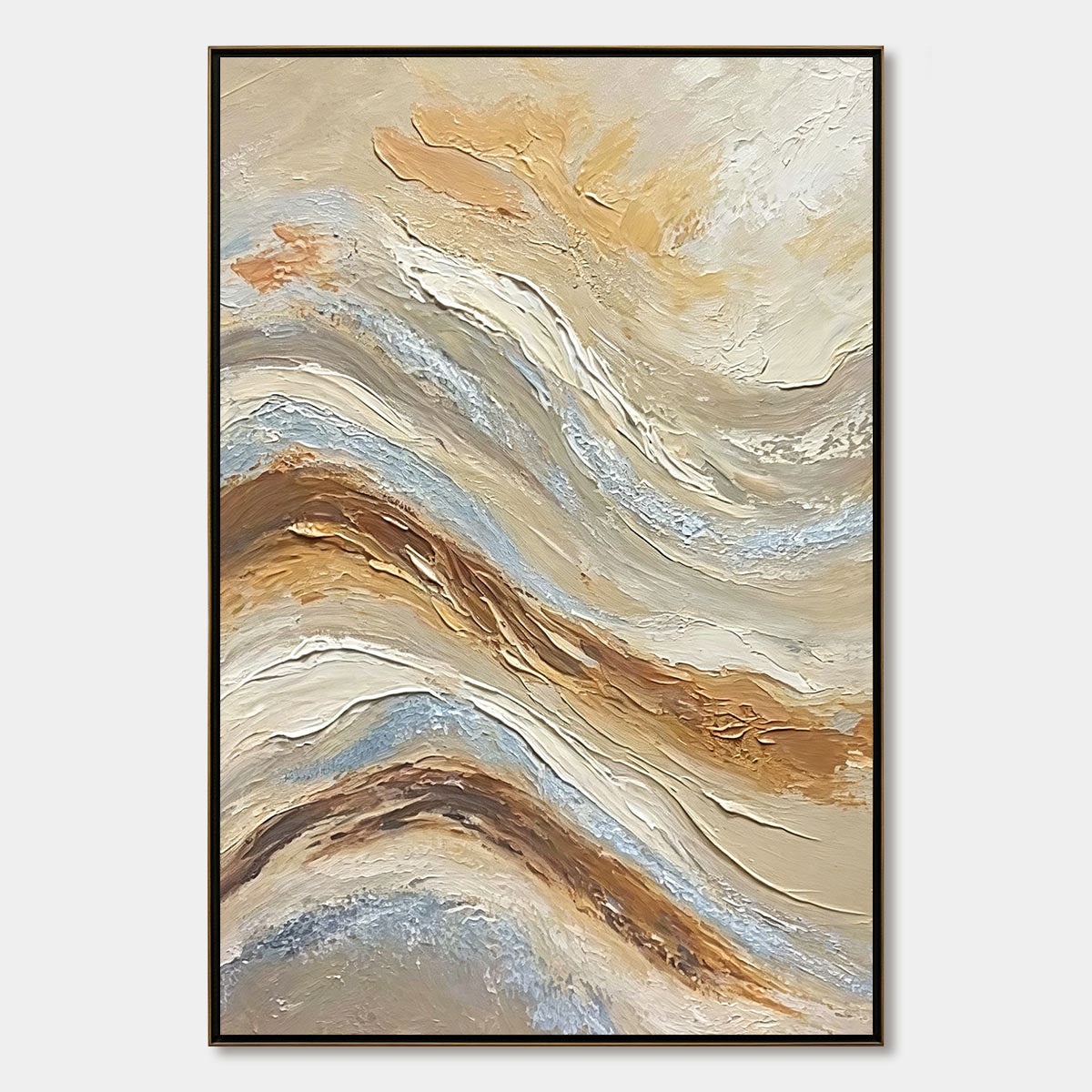 Textured abstract oil painting with impasto technique, earth tones, and blue accents. Wabi Sabi style handmade wall art.