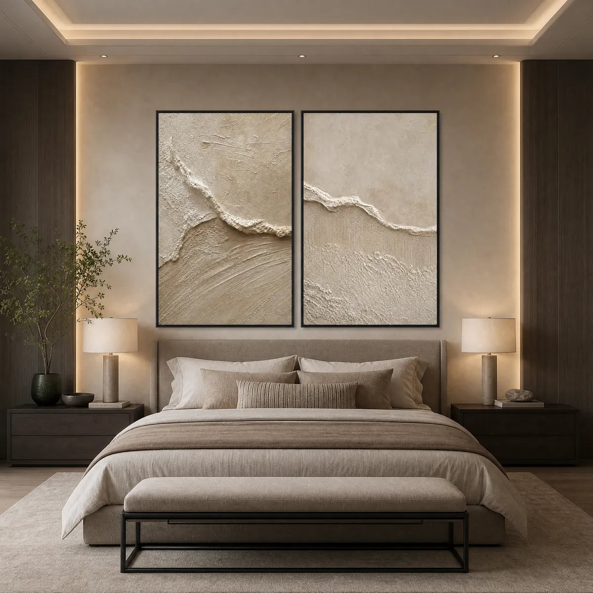 Wabi Sabi inspired textured abstract painting set in beige tones above a modern bed