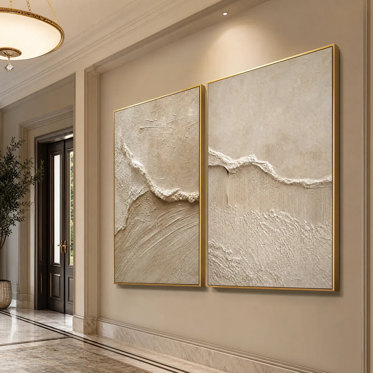 Wabi Sabi inspired textured abstract painting set in beige tones with gold frames