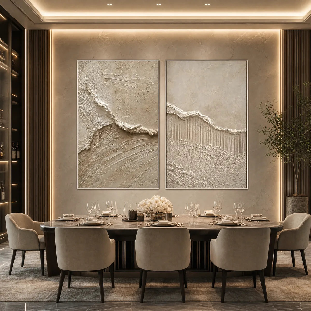 Wabi Sabi textured abstract painting set in beige tones above modern dining table