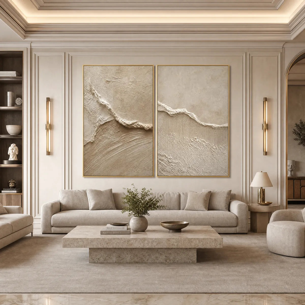 Wabi Sabi textured abstract painting set in beige tones with gold frames above sofa