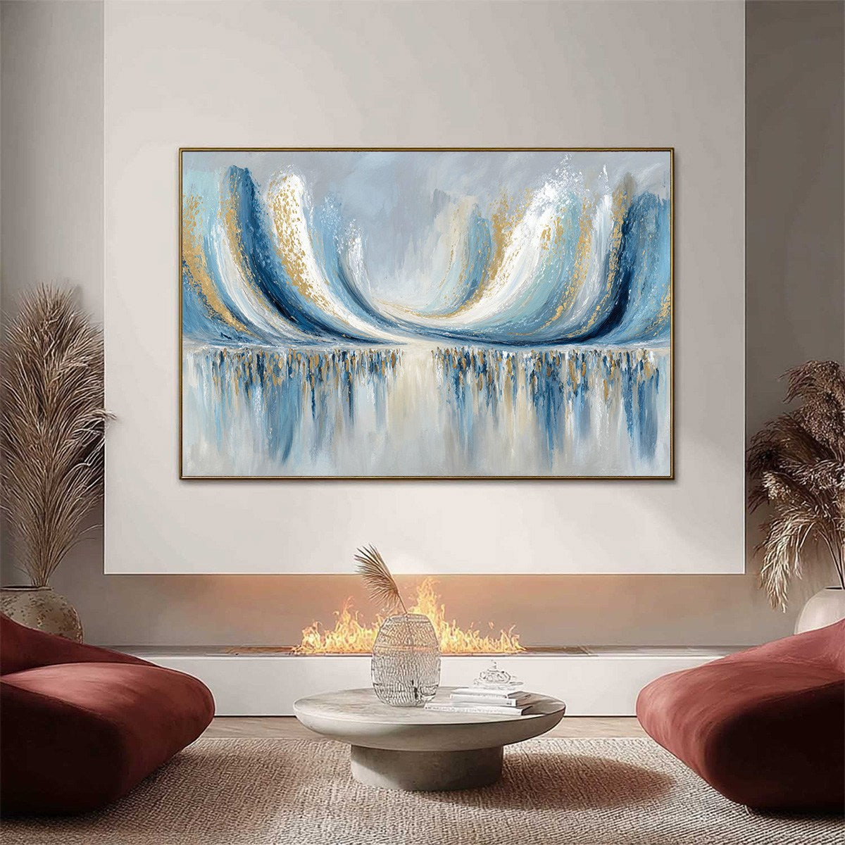 COASTAL ECHOES: Abstract Gold & Blue Textured Seascape Painting