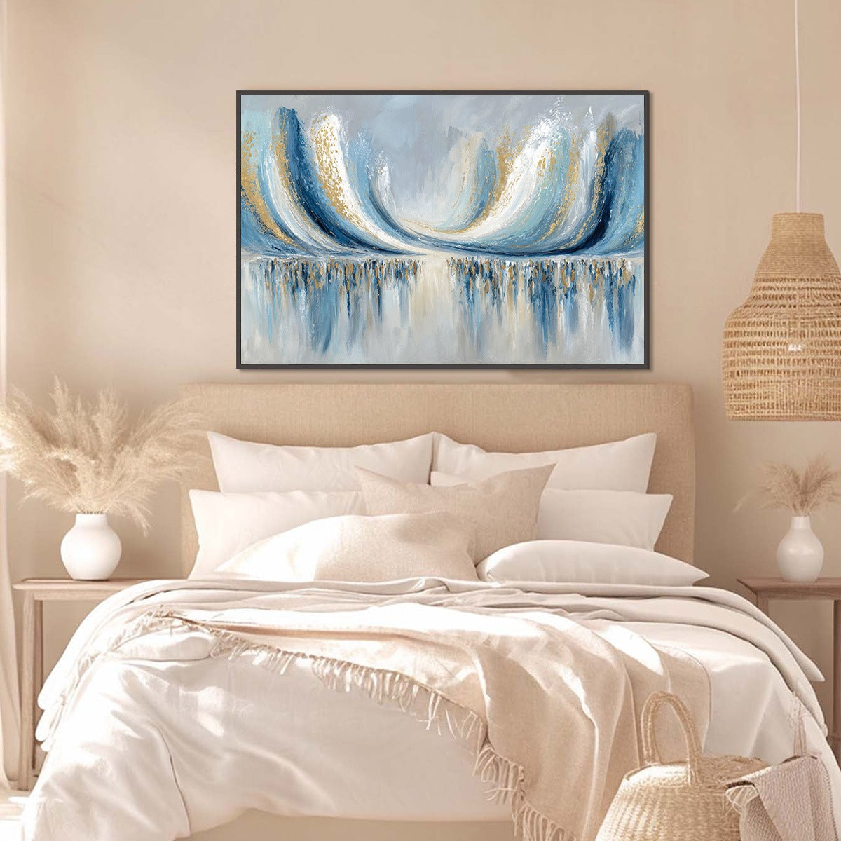 COASTAL ECHOES: Abstract Gold & Blue Textured Seascape Painting