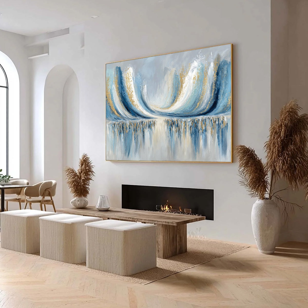 COASTAL ECHOES: Abstract Gold & Blue Textured Seascape Painting