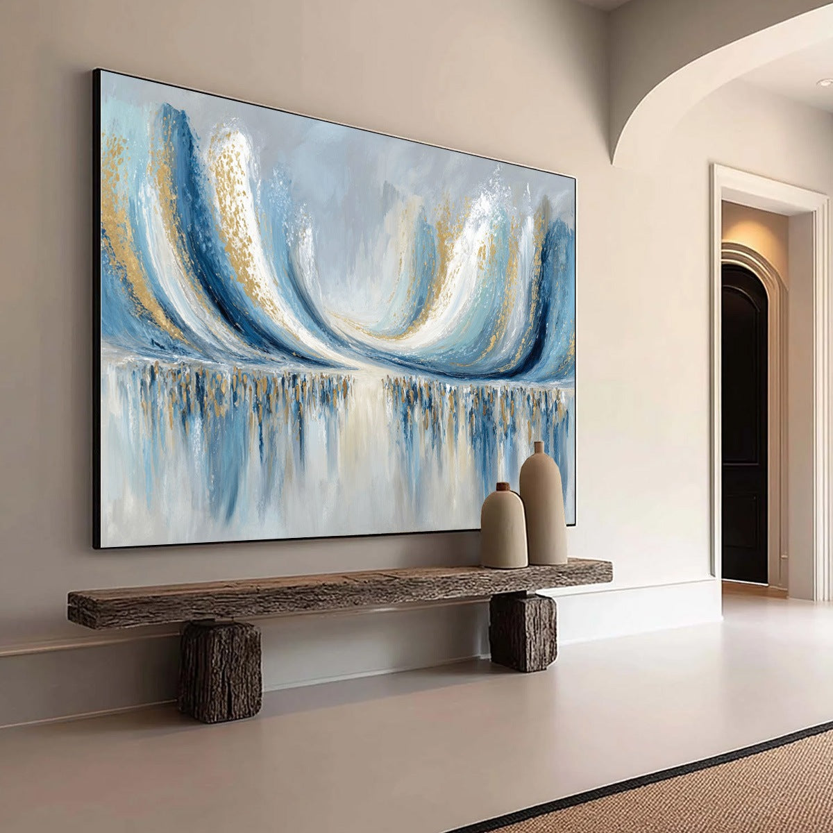 COASTAL ECHOES: Abstract Gold & Blue Textured Seascape Painting