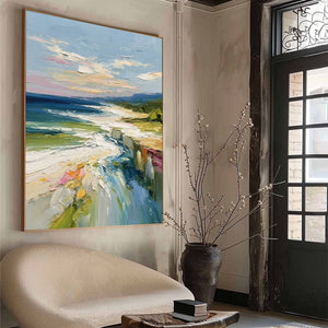 COASTAL EMBRACE: Textured Impasto Seascape Oil Painting for Wall Decor