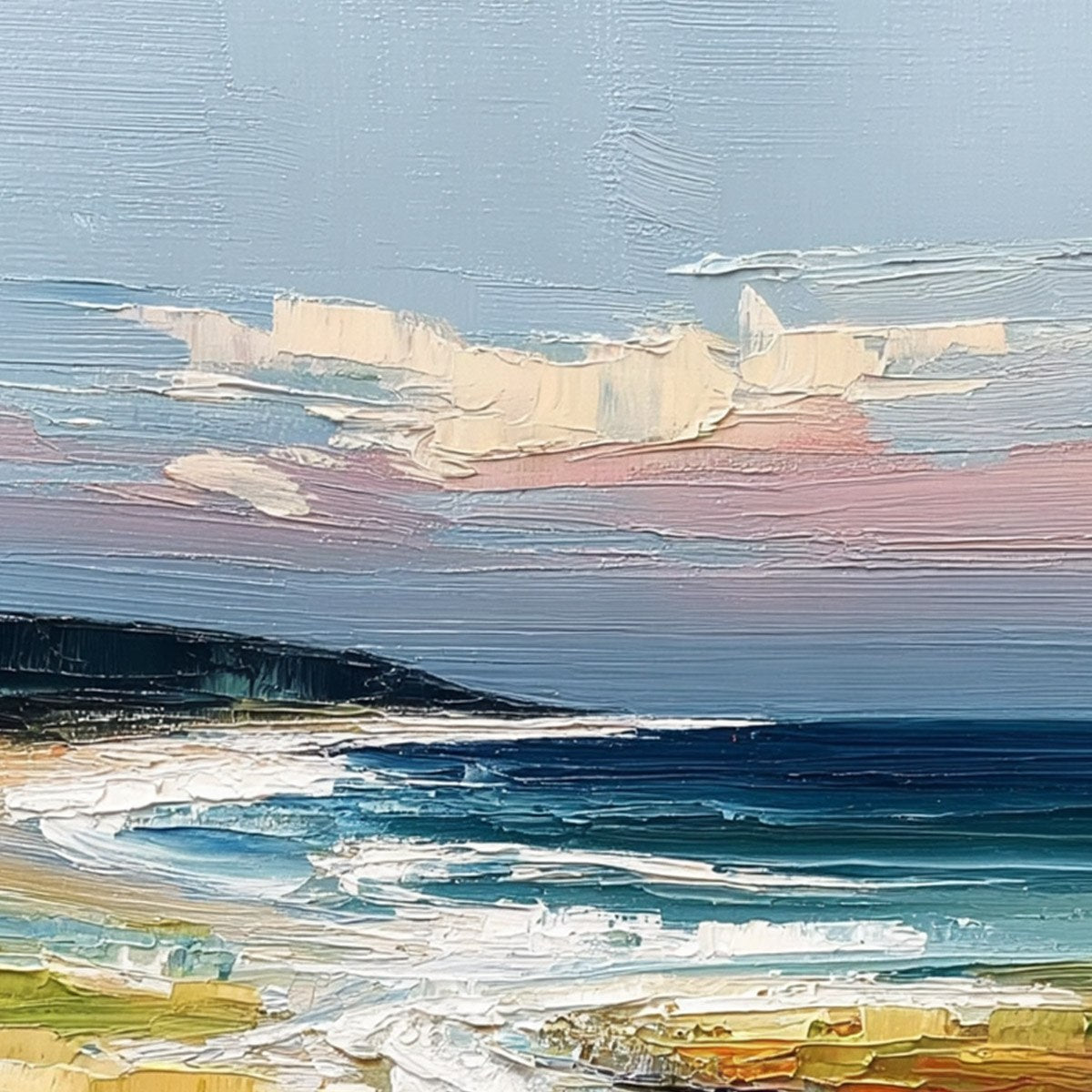 COASTAL EMBRACE: Textured Impasto Seascape Oil Painting
