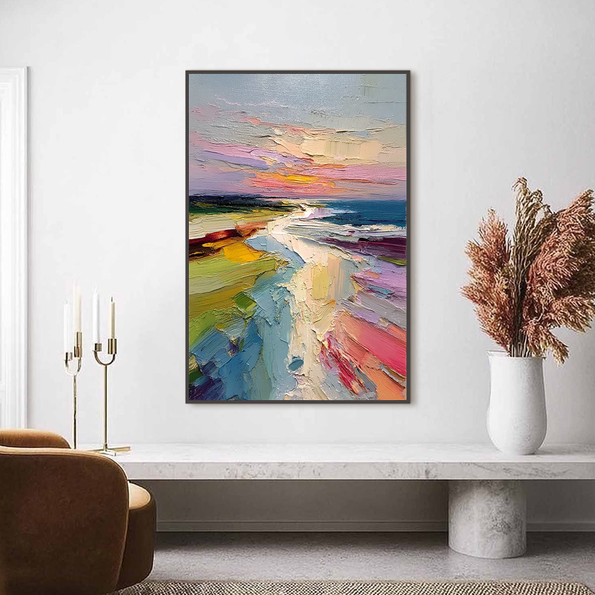 Coastal Embrace | Textured Vertical Seascape Oil Painting – MontCarta