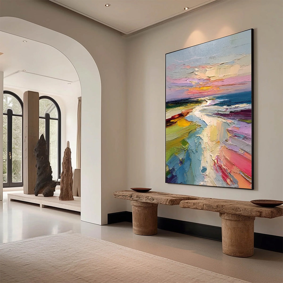 COASTAL EMBRACE: Textured Vertical Coastal Landscape Impasto Painting