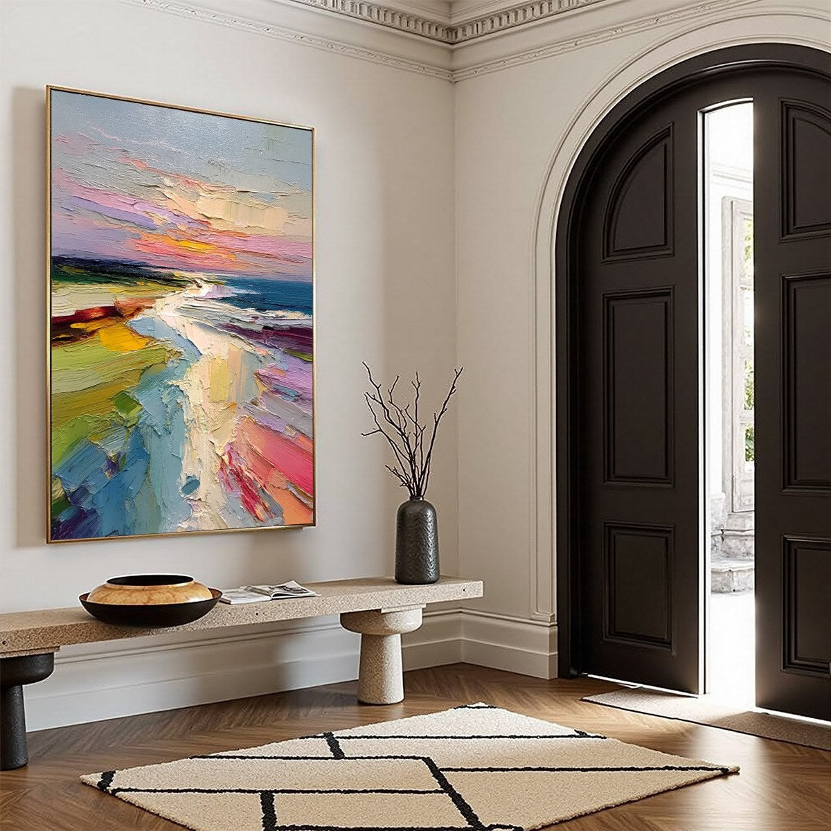 Coastal Embrace | Textured Vertical Seascape Oil Painting – MontCarta