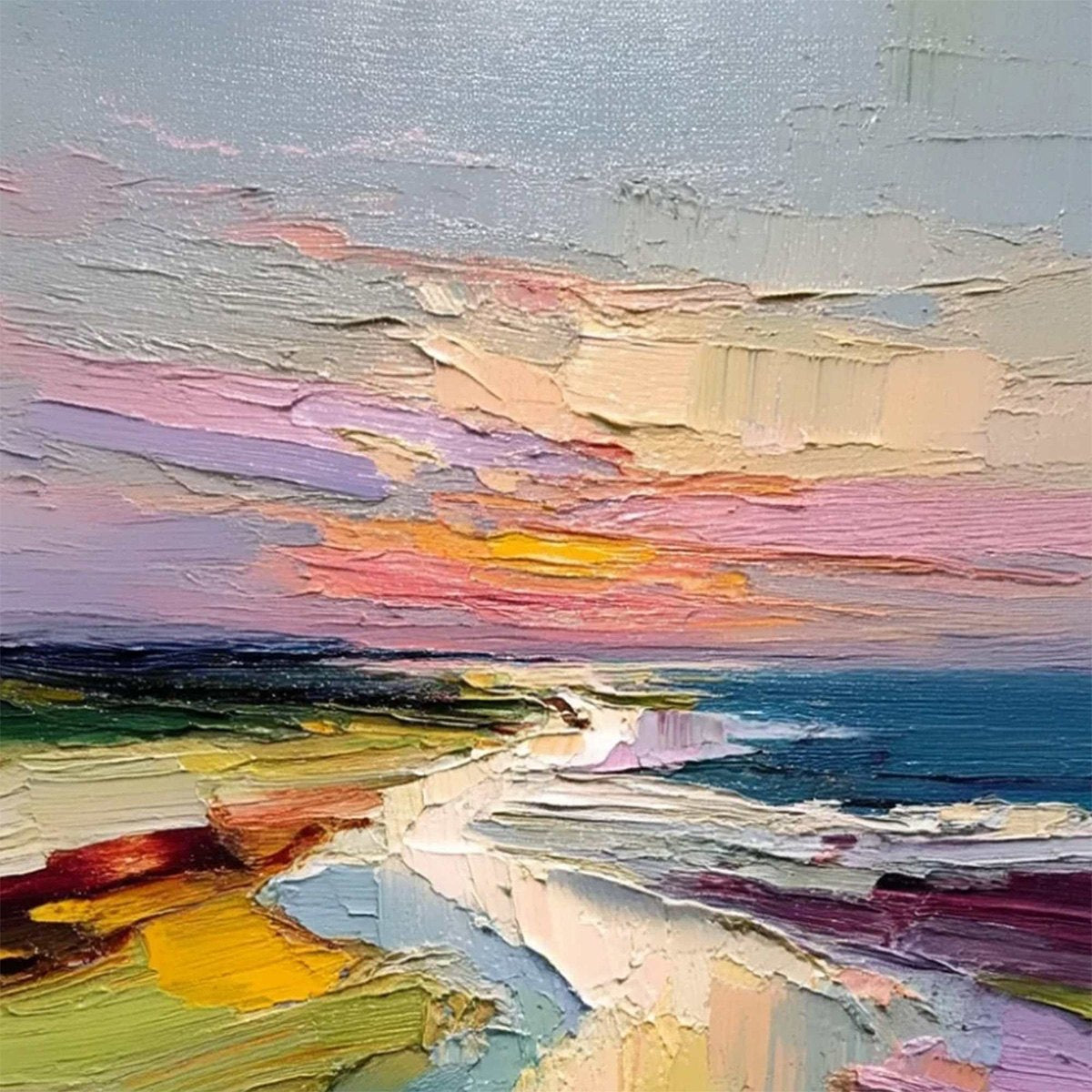 COASTAL EMBRACE: Textured Vertical Coastal Landscape Impasto Painting