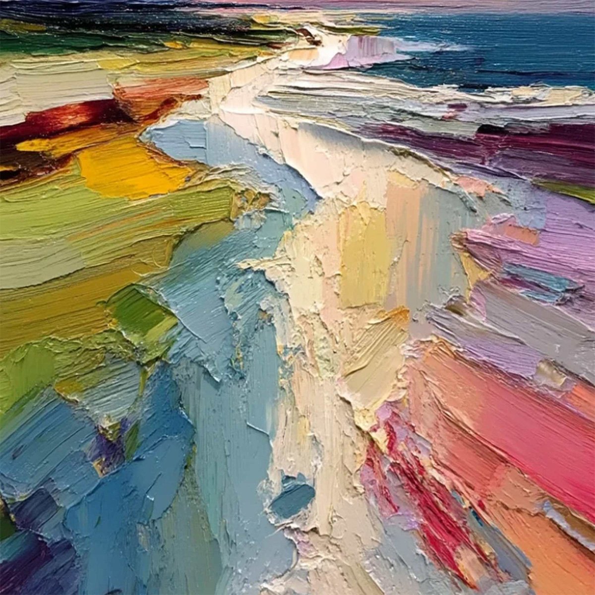 COASTAL EMBRACE: Textured Vertical Coastal Landscape Impasto Painting