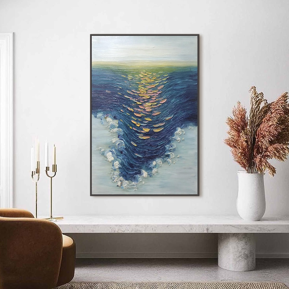 COASTAL GLOW: Textured Impasto Ocean Sunset Abstract Oil Painting