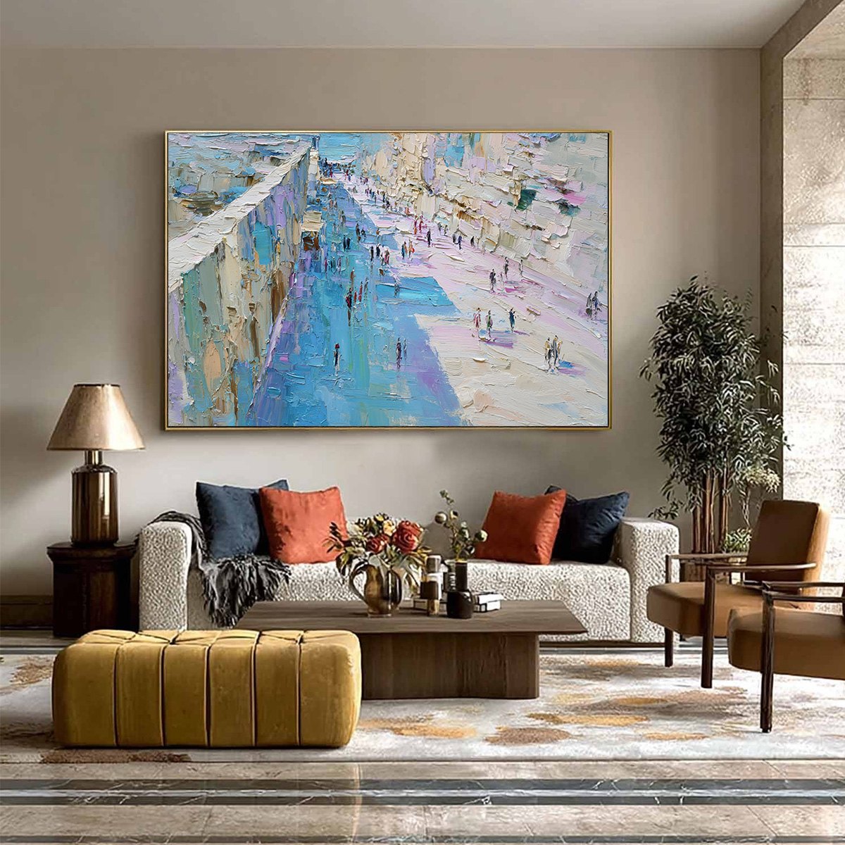 COASTAL PROMENADE: Textured Palette Knife Cityscape Painting of a Seaside Stroll