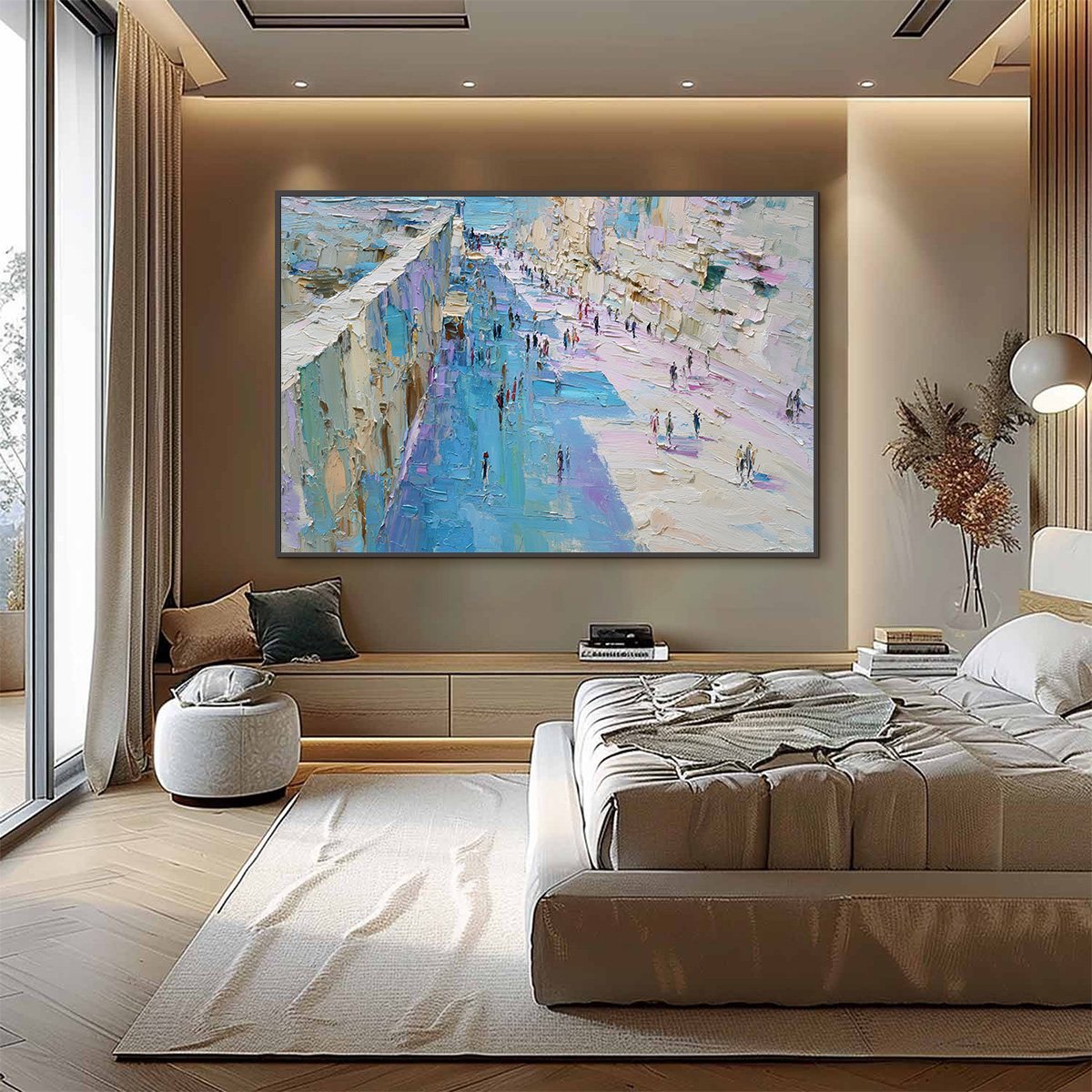 COASTAL PROMENADE: Textured Palette Knife Cityscape Painting of a Seaside Stroll