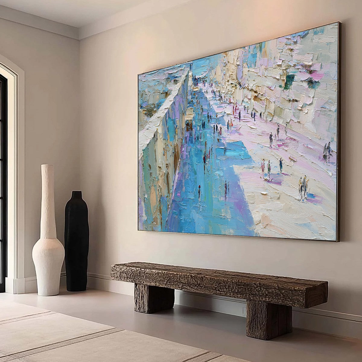 COASTAL PROMENADE: Textured Palette Knife Cityscape Painting of a Seaside Stroll