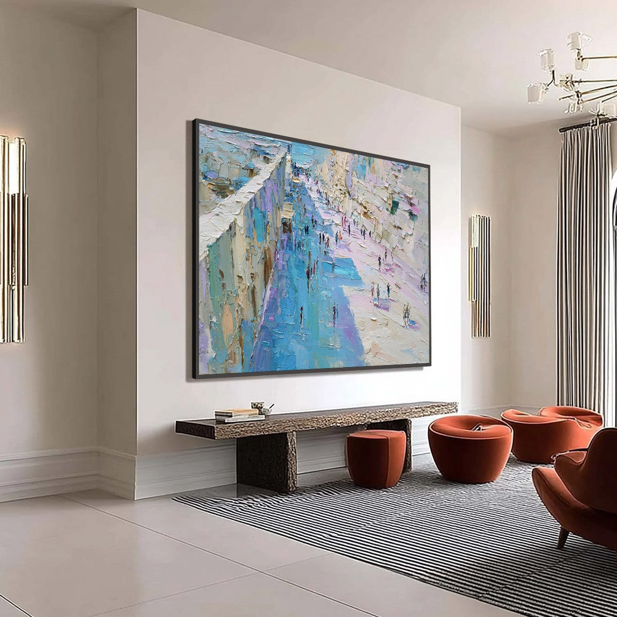 COASTAL PROMENADE: Textured Palette Knife Cityscape Painting of a Seaside Stroll