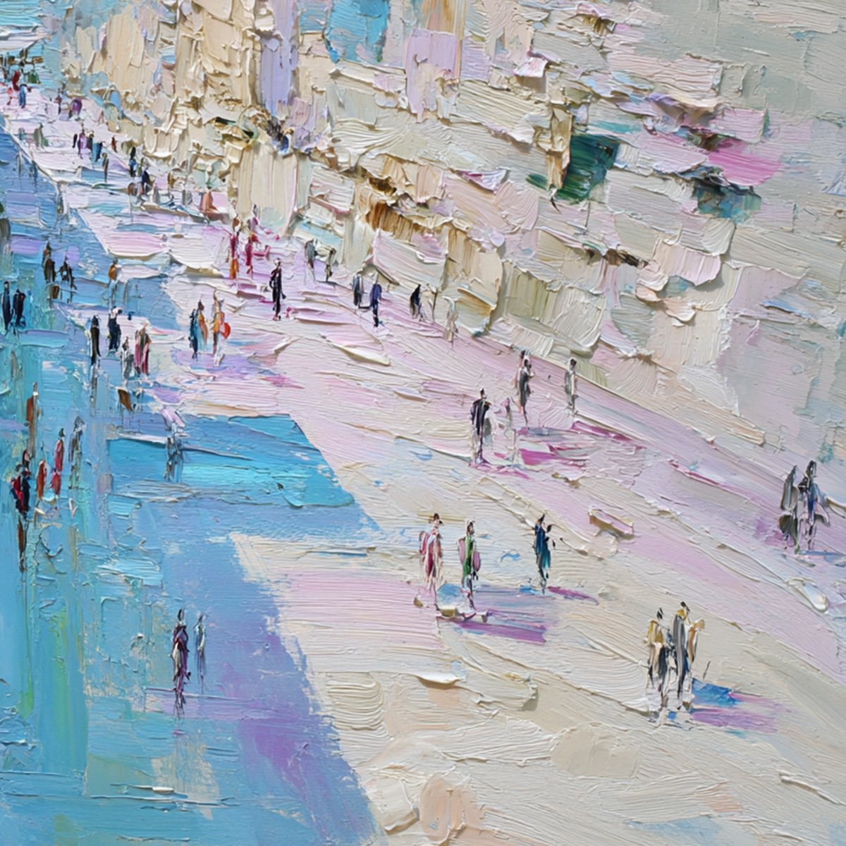 COASTAL PROMENADE: Textured Palette Knife Cityscape Painting of a Seaside Stroll
