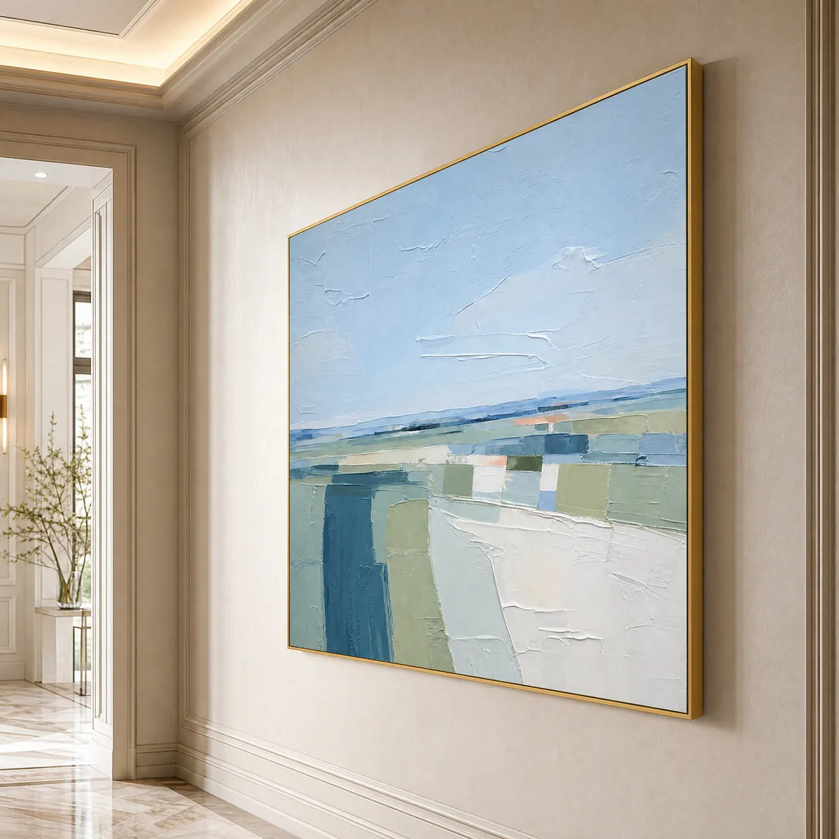 Textured abstract coastal landscape painting in blue, green, and white tones with gold frame