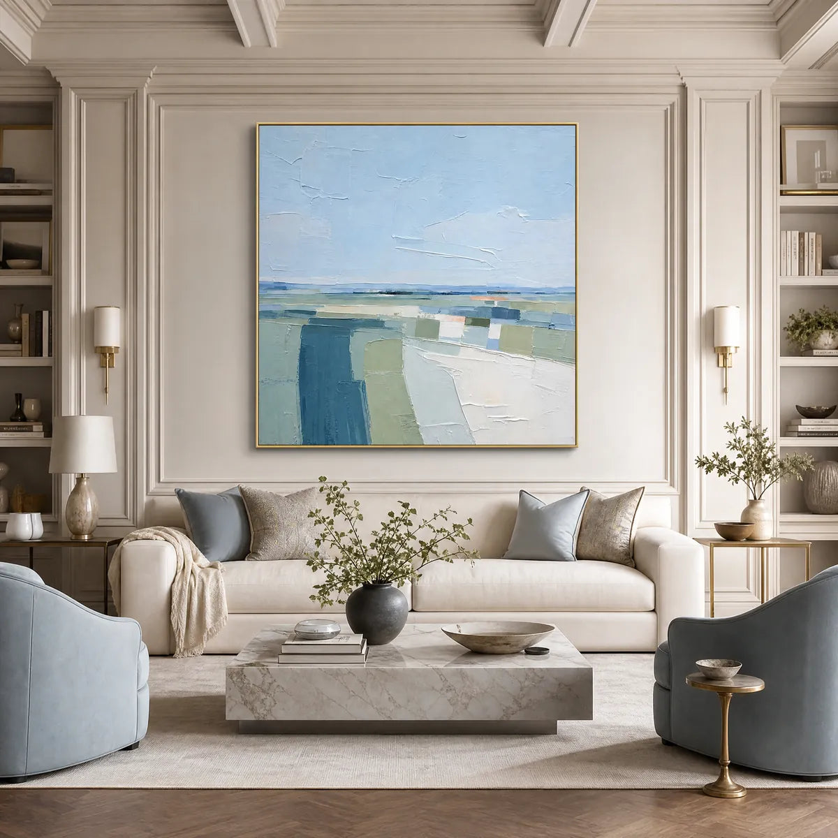 Abstract coastal landscape painting in blue, green and white above modern sofa